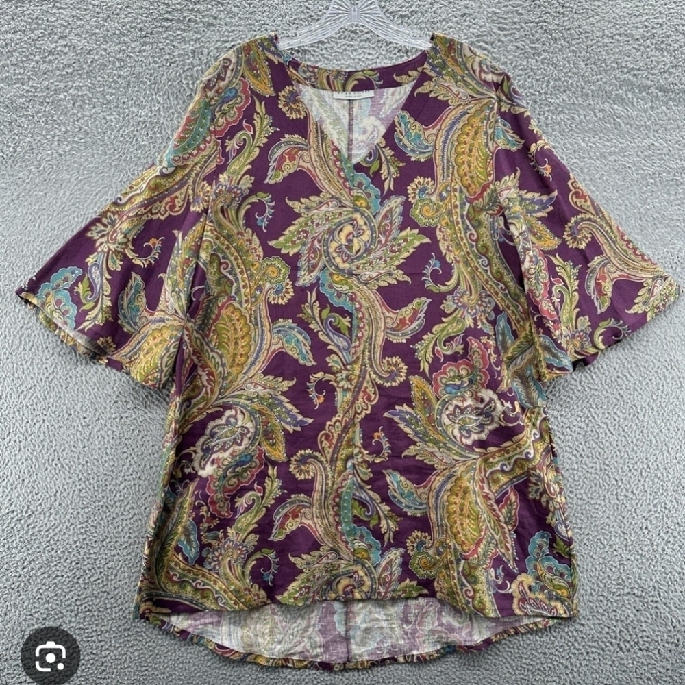 Bryn Walker 100% Linen Purple and Gold Asymmetrical Tunic Paisley